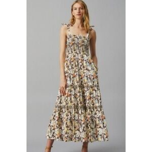 Tory Burch Floral Tie Shoulder Midi Dress XS Smocked Cotton Blend